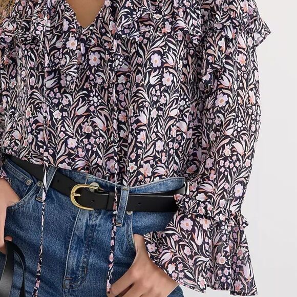 J. Crew Ditsy Flortal Crinkle Chiffon Top Size 3X Navy Flowy Loose Boho Cottage - Picture 5 of 13